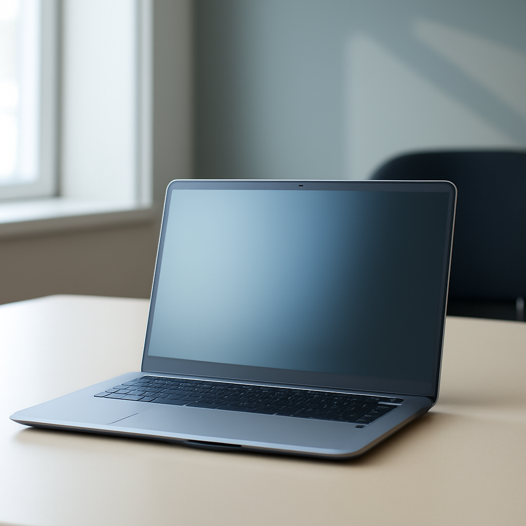 Empty office with laptop on desk near window, screen blurred.