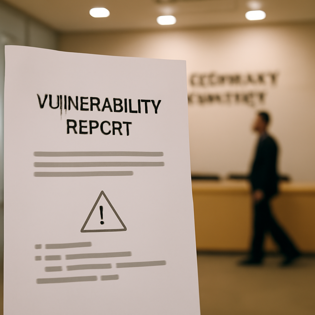 Technology company headquarters with subtle abstract vulnerability report in foreground.