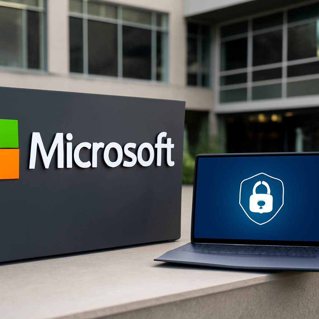 Microsoft headquarters with a laptop and cybersecurity setup, emphasizing protection and security.