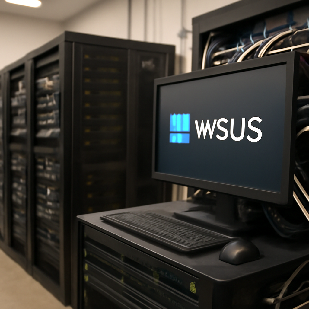 Server room with WSUS server prominently displayed in the foreground.