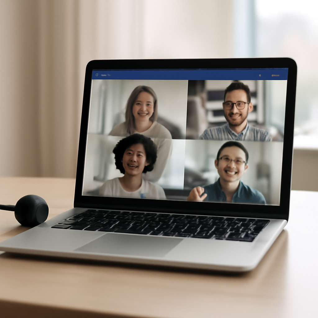 Laptop screen displays Microsoft Teams call on a home office desk with a phone and headset nearby.
