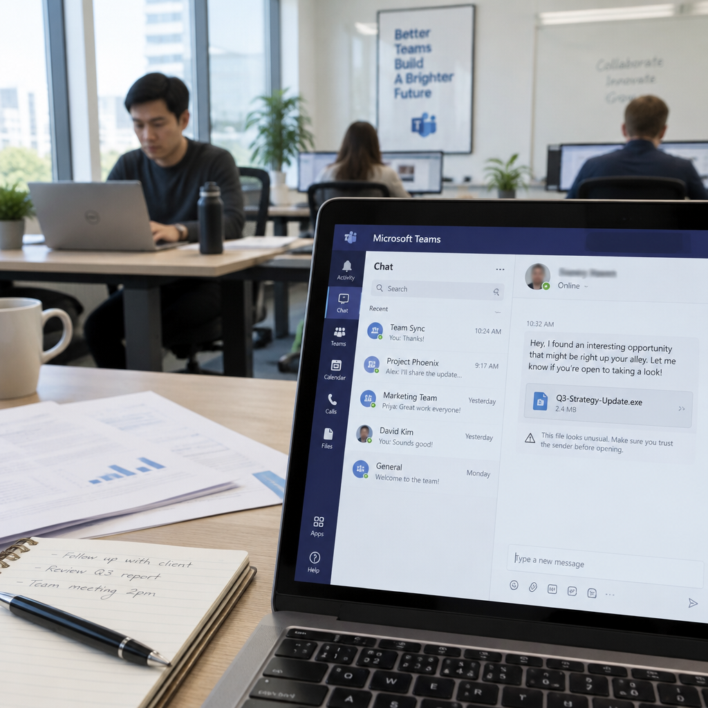 Office workers in background, foreground shows Microsoft Teams chat on laptop or smartphone screen.