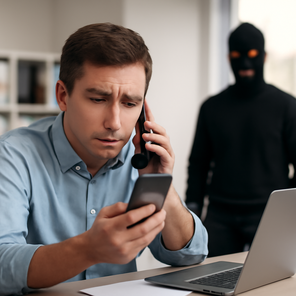 Person sitting at desk looks concerned, holding phone with blurred screen, while blurred figure looms in background.