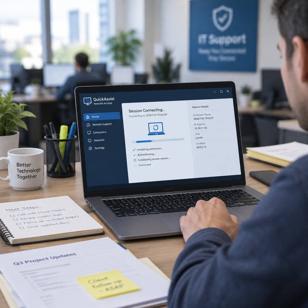 Person sitting at desk with laptop and remote access tool in a corporate office setting.