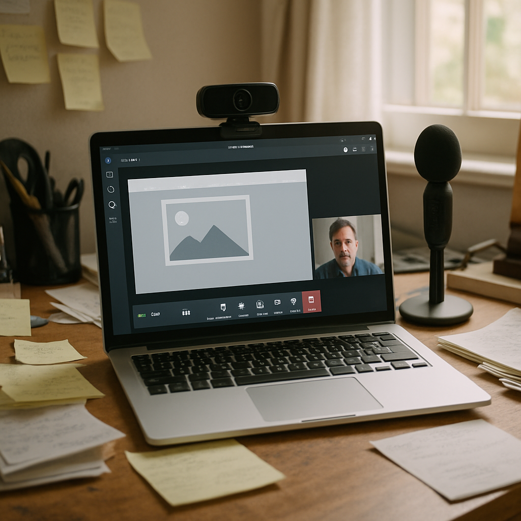 Laptop on cluttered desk shows Microsoft Teams meeting on screen.