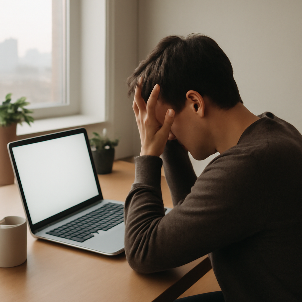 Person sits at laptop with blurred screen, looking frustrated.