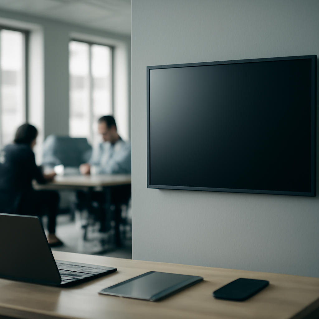 Corporate office with employees working and a large blank digital display on the wall.