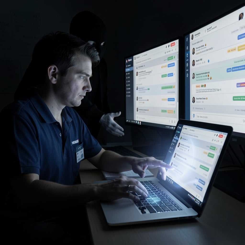 Helpdesk worker surrounded by screens with a masked figure lurking in shadows.