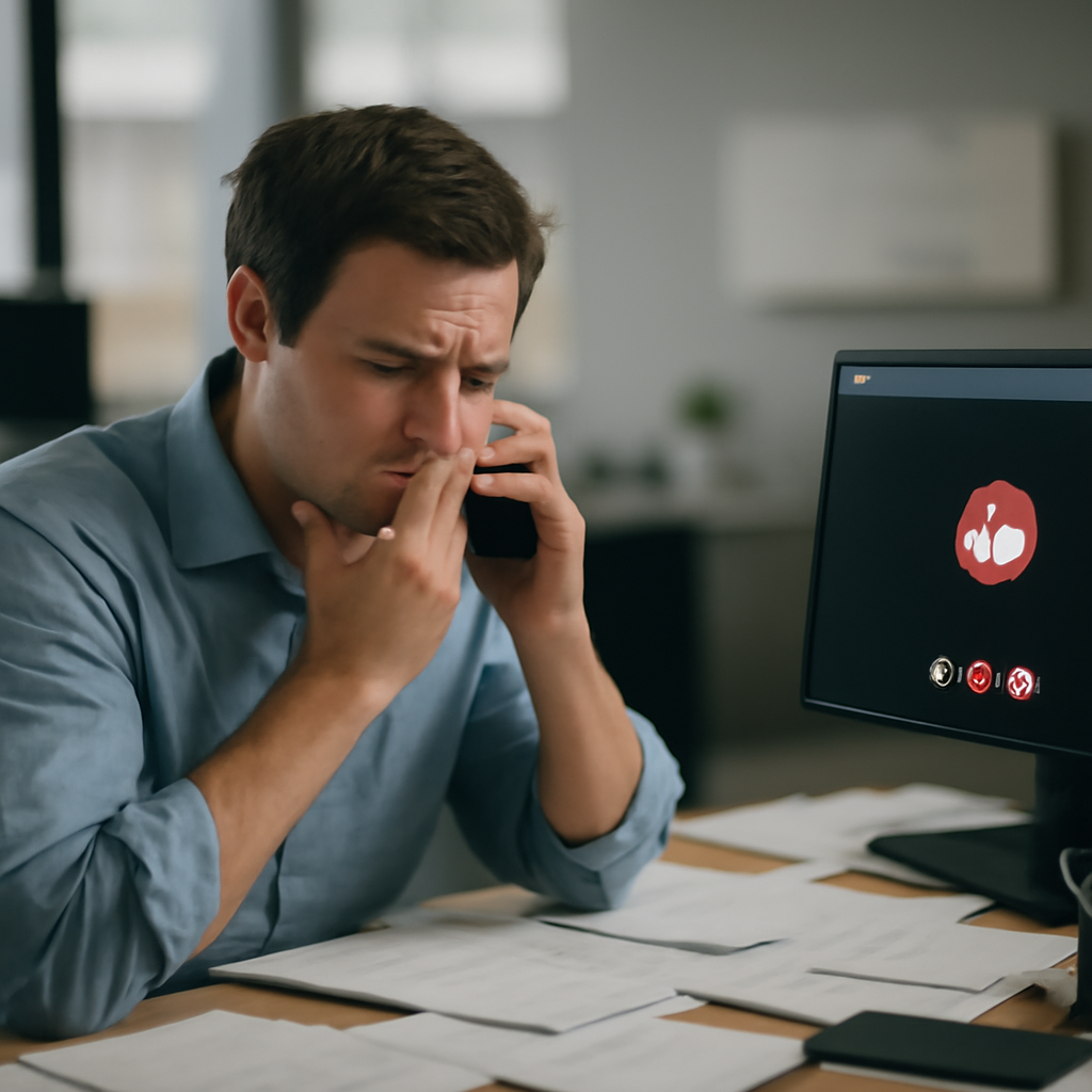 Person sits at cluttered desk, looking concerned while on video conference on computer with Microsoft Teams on screen.