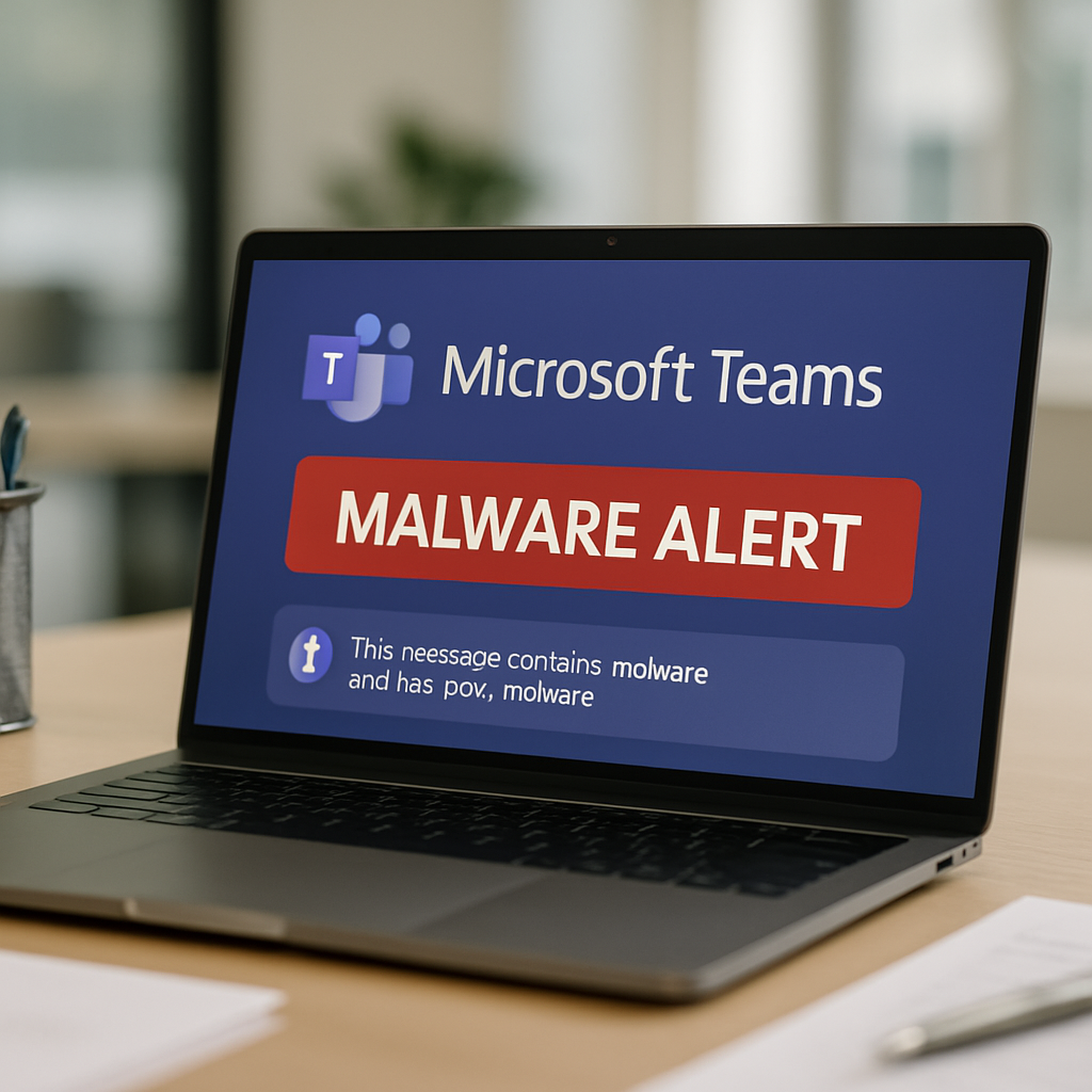 Laptop screen displays Microsoft Teams conversation in bright office setting.