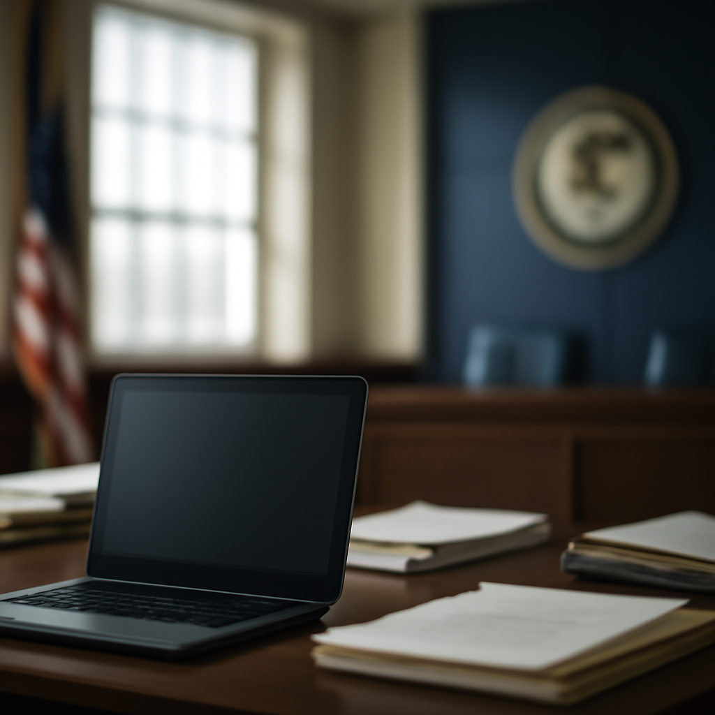 Law enforcement setting with blurred computer screen in foreground.