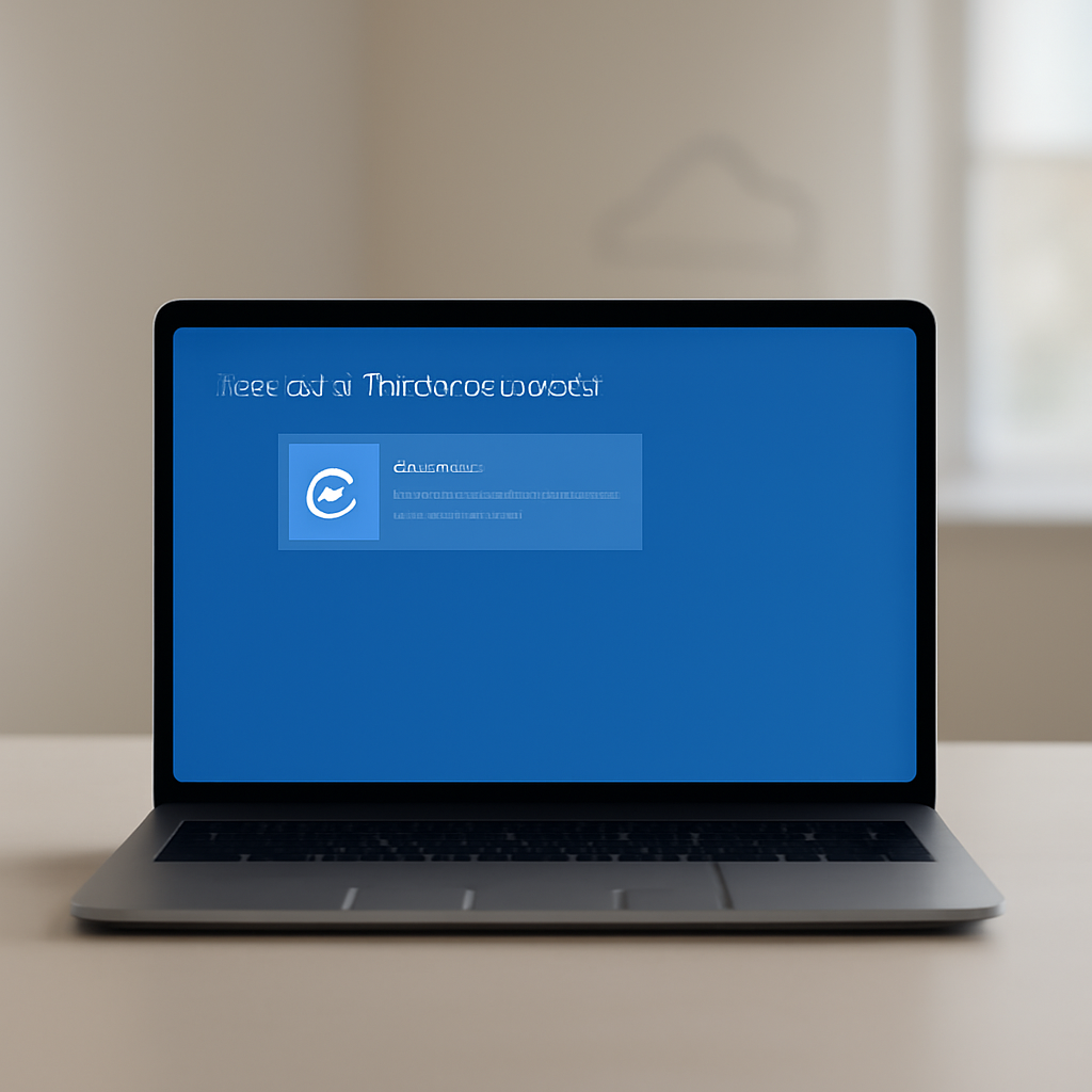 Windows 11 laptop on a neutral surface with recovery menu on screen in a minimalist room with ambient daylight.