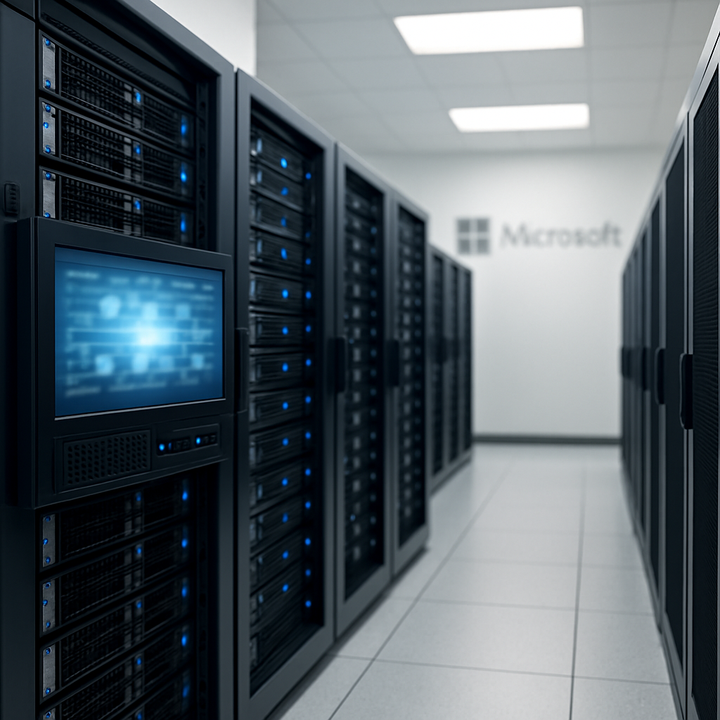 Secure server room with rows of computer servers and networking equipment.