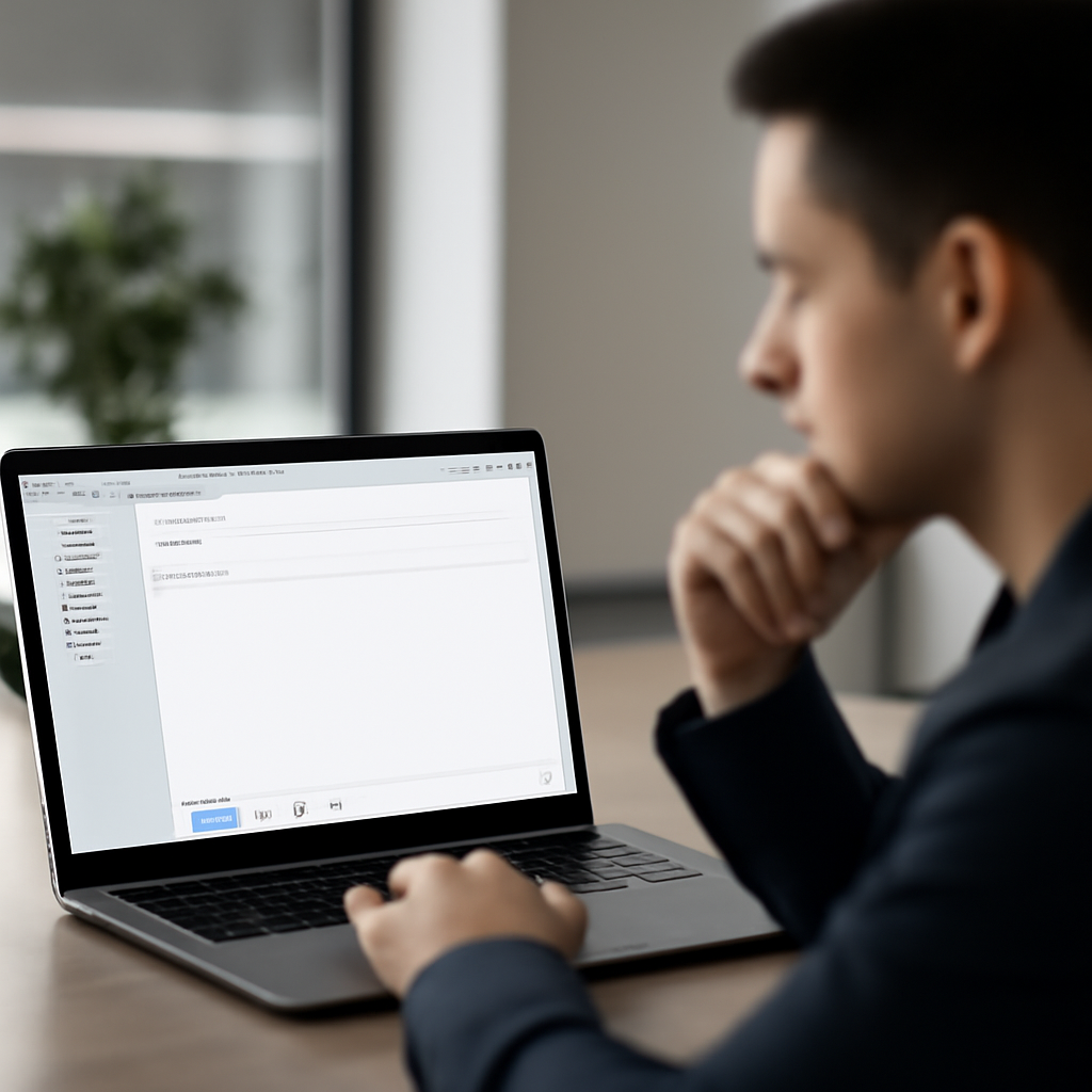 Person sitting at desk with laptop open, viewing email on screen in a bright office.