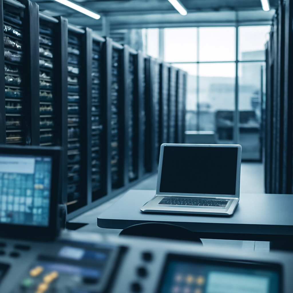 Rows of server racks and monitoring equipment in a brightly-lit network operations center.