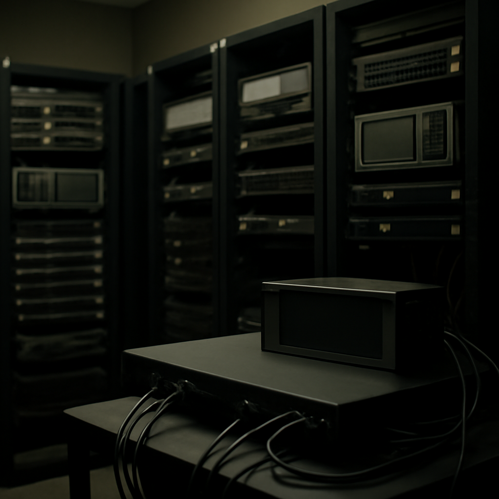 Empty university server room with rows of rack-mounted equipment and a single unoccupied workstation in the foreground.