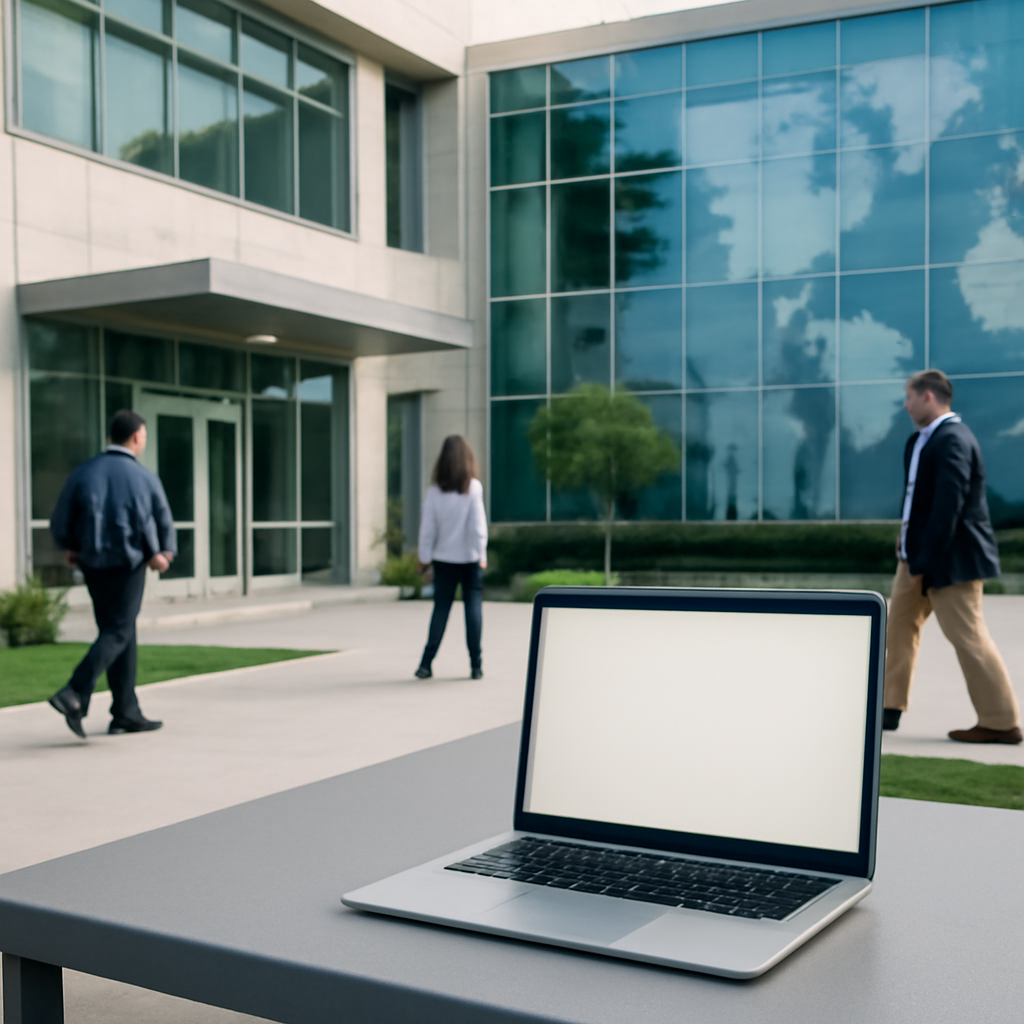 Modern office building exterior with subtle global map detail in background.