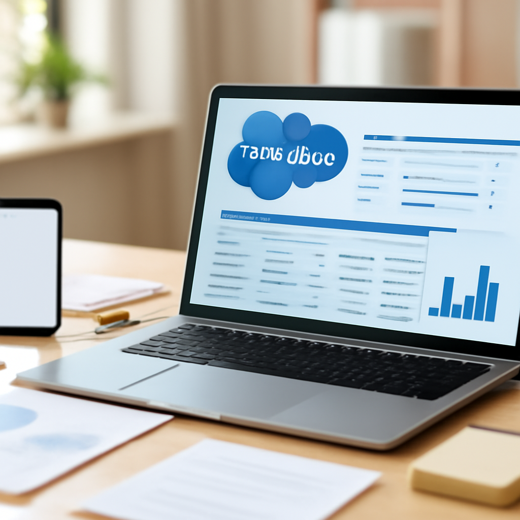 Business setting with laptop on desk, papers and supplies nearby, and CRM system on screen.