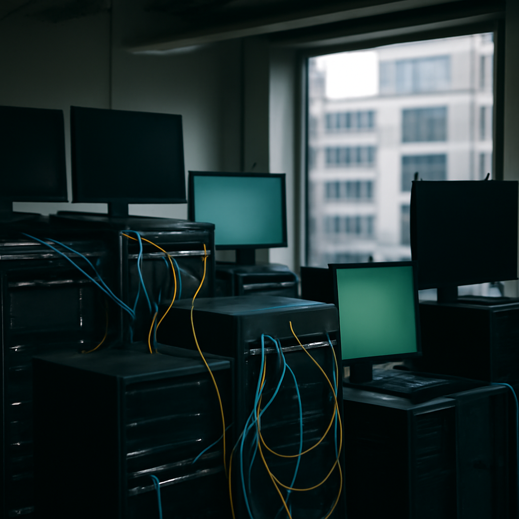 Dimly lit server room with multiple computer servers, network equipment, and monitors.