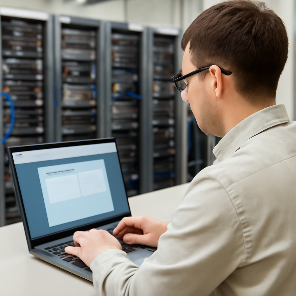 System administrator working in server room with laptop displaying system interface.