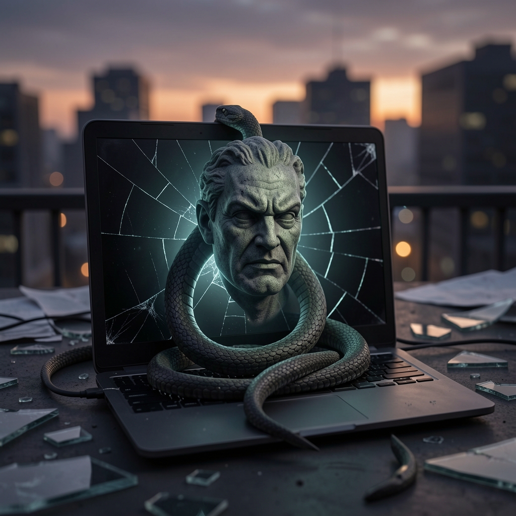 Cracked laptop screen with eerie glow, snake-like cord morphing into menacing stone face.