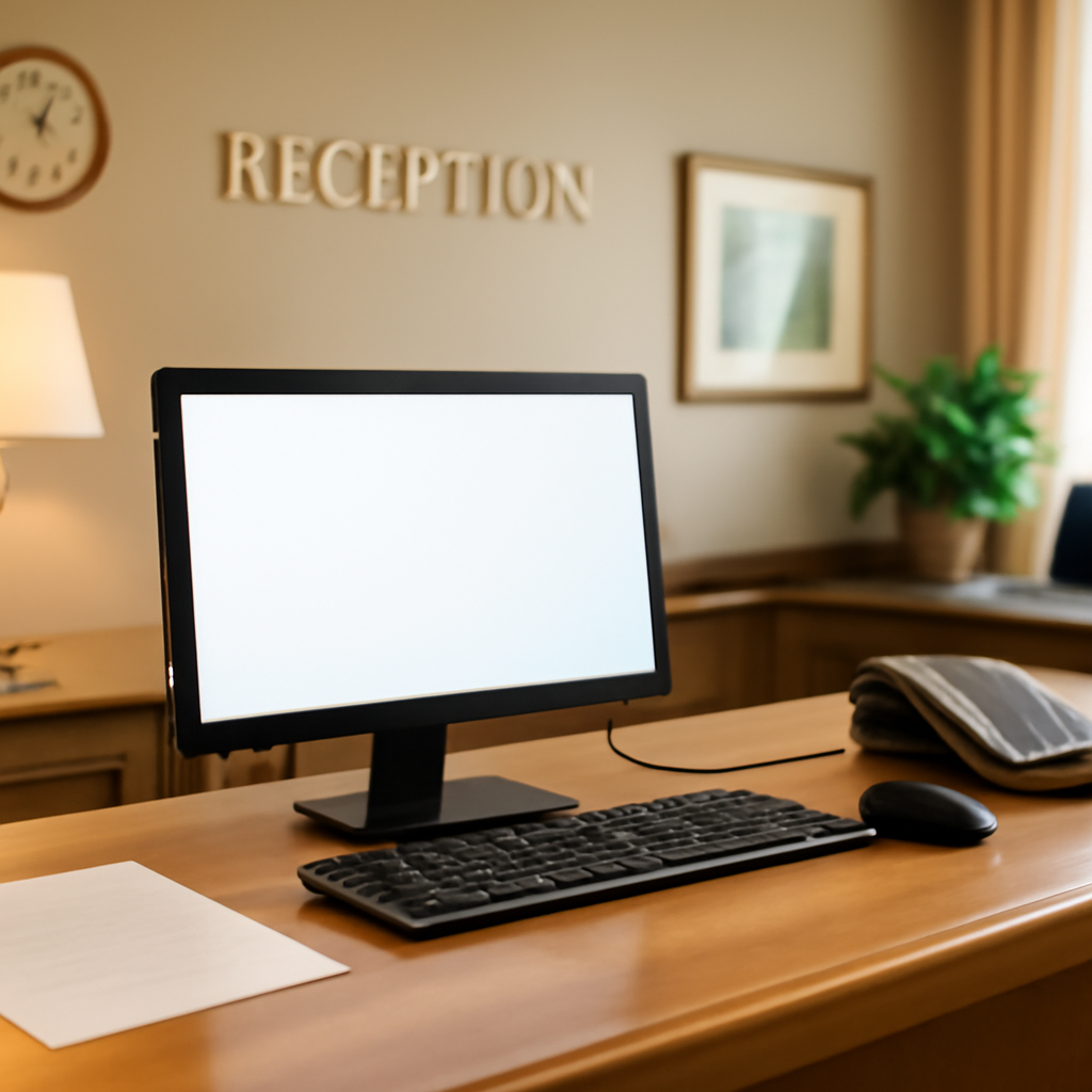 Hotel front desk with computer workstation and blurred laptop screen in background.