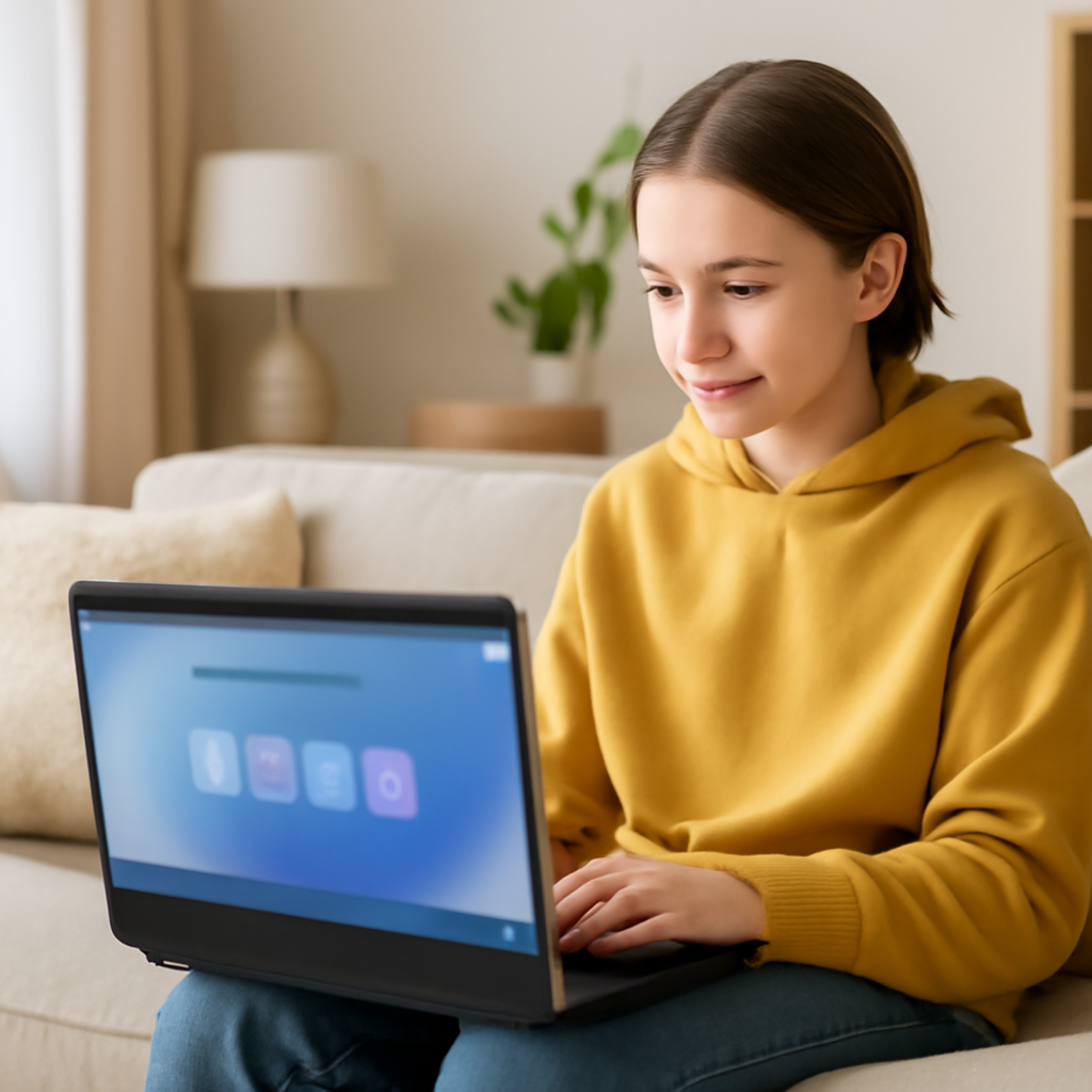 Teenager sitting with laptop in a modern living room, screen blurred.