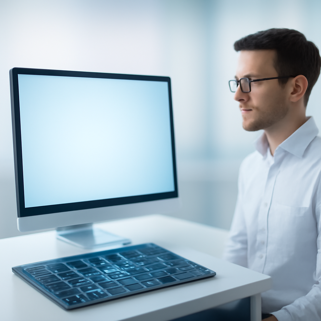 Minimalistic workspace with computer screen and futuristic circuit board, brightly lit with daylight.