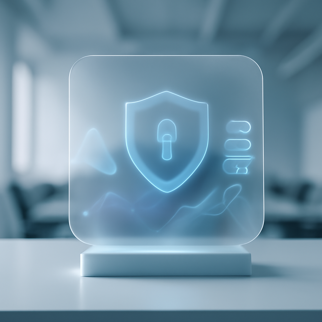 Futuristic cybersecurity system with transparent glass-like structure surrounded by subtle ambient lights.