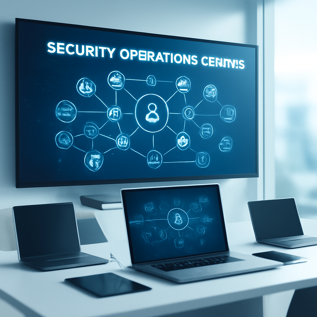 Futuristic security operations center with large screen and devices on a modern table.