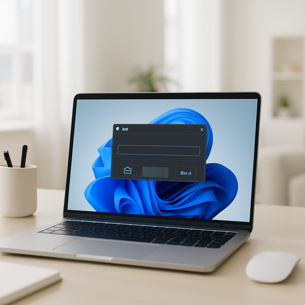 Windows 11 desktop with laptop screen showing new Run dialog box on a minimalist desk in a modern office or home workspace.