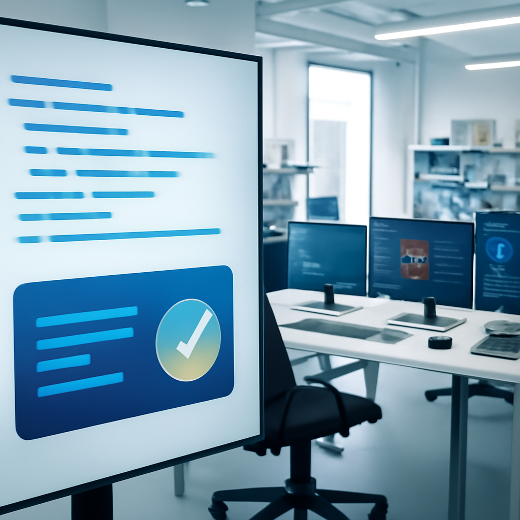 Brightly-lit lab with computer workstations and equipment, large screen displays abstract code representation.