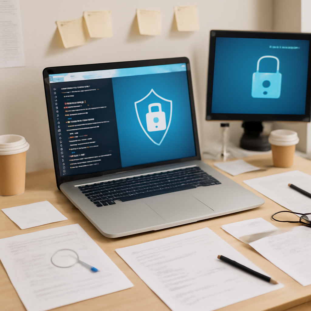 A cluttered tech workspace with a central computer, papers, and security tools.