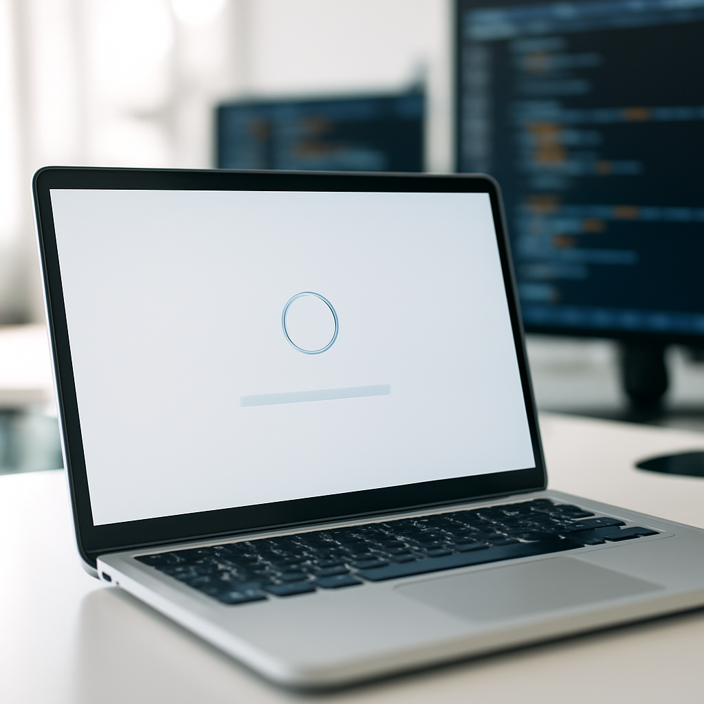 Laptop screen displays Windows update progress bar with blurred coding environment background.
