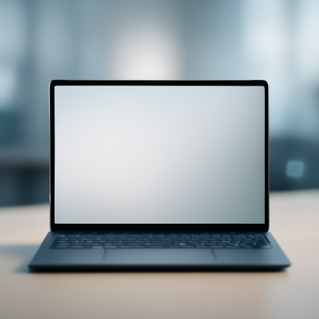 Laptop on a neutral surface with a blurred background and a soft gradient on the screen.