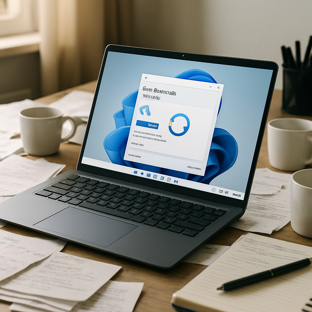 Cluttered home office desk with Windows 11 laptop and backup software on screen.