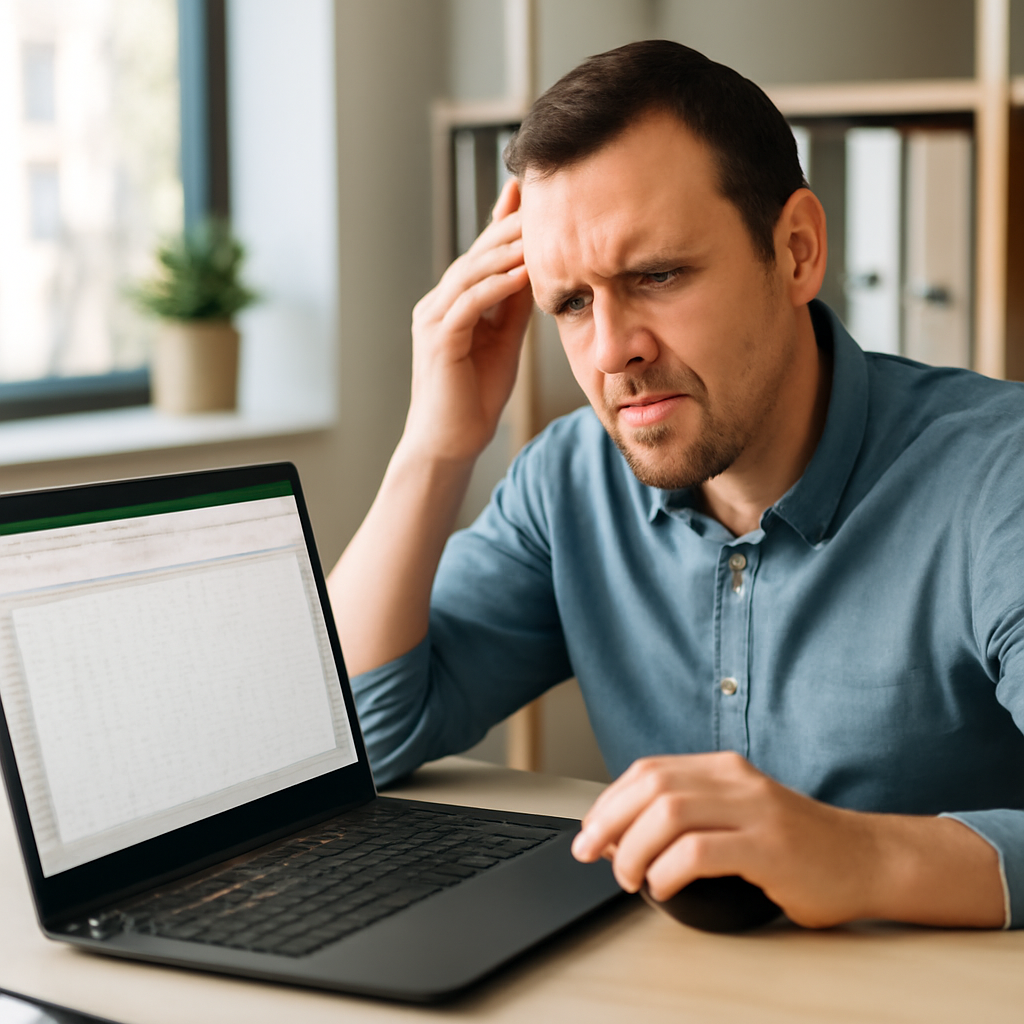 Person looks puzzled while using laptop with Excel spreadsheet open.
