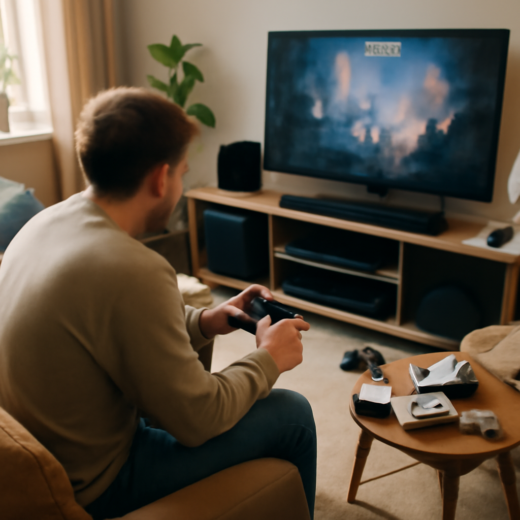Person sits in cozy living room focused on gaming console screen with home theater system and TV in background.