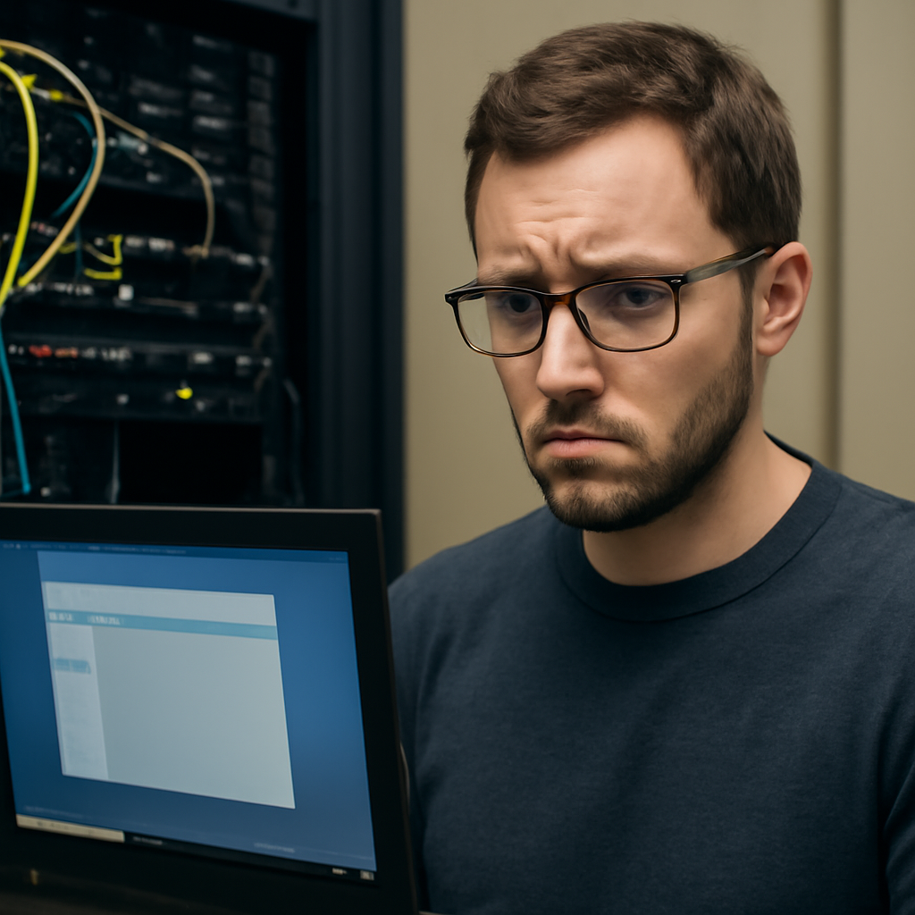 Network administrator examines Windows system interface with concern in data center.