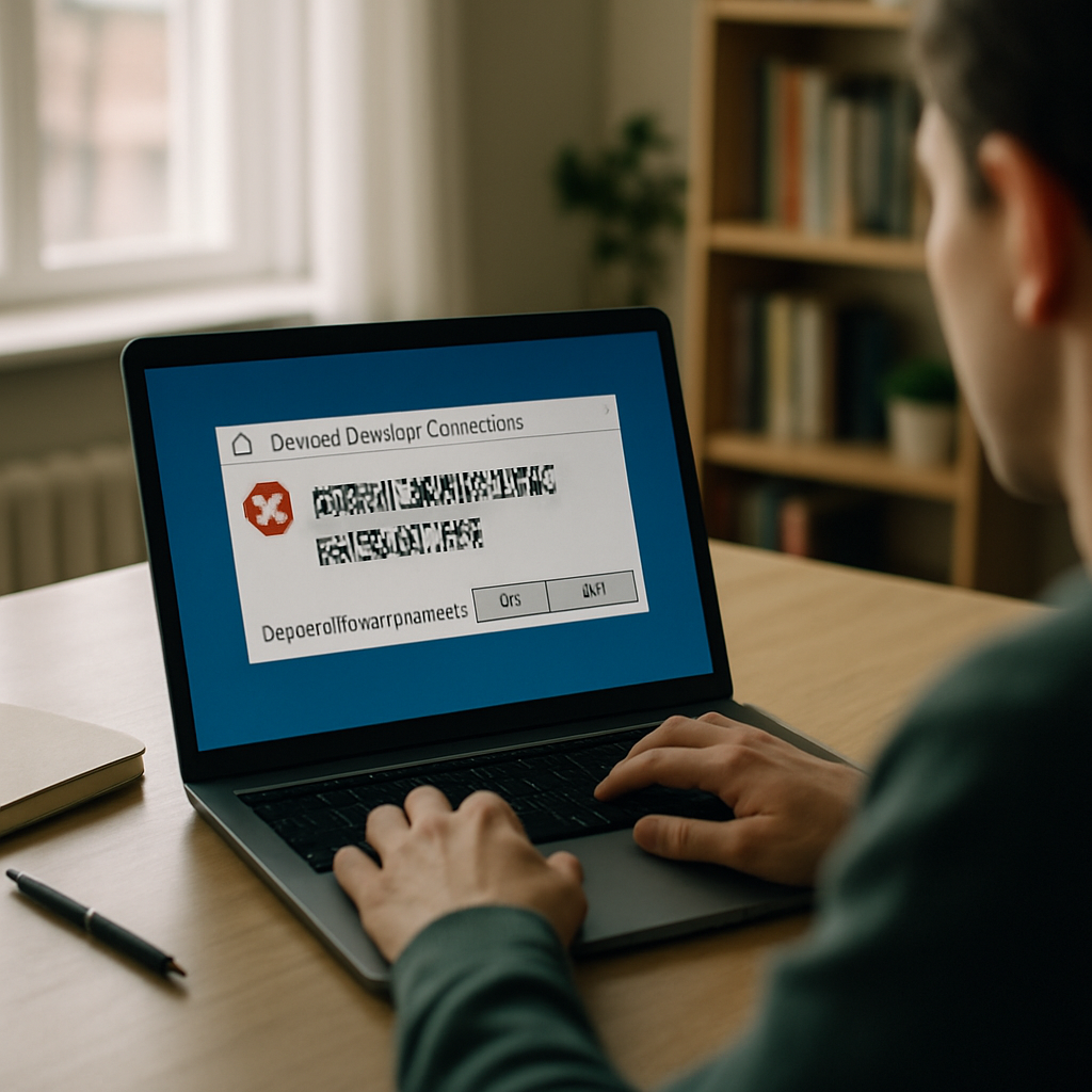 Person working remotely on laptop with security warning on screen.