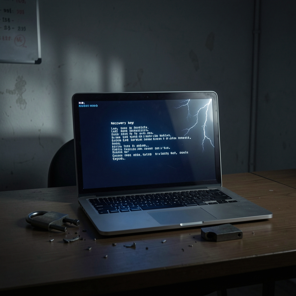 Locked laptop screen with broken padlock nearby, symbolizing security feature malfunction in a dimly lit room.