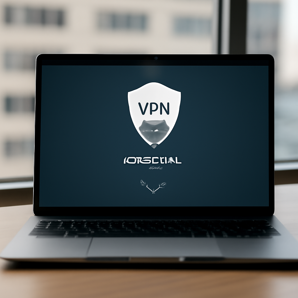 Laptop screen shows VPN connection attempt on a desk near a window.