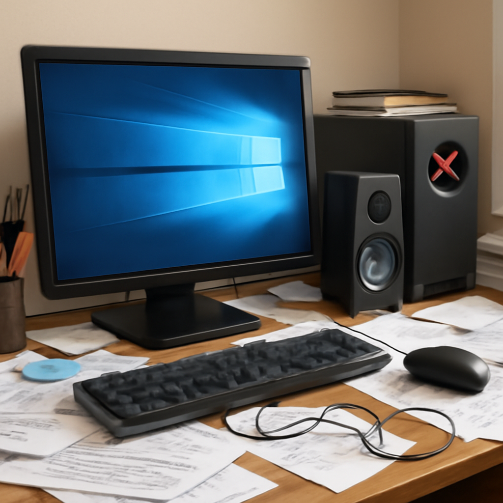 Cluttered home office desk with Windows PC, USB audio device, and tangled cords.