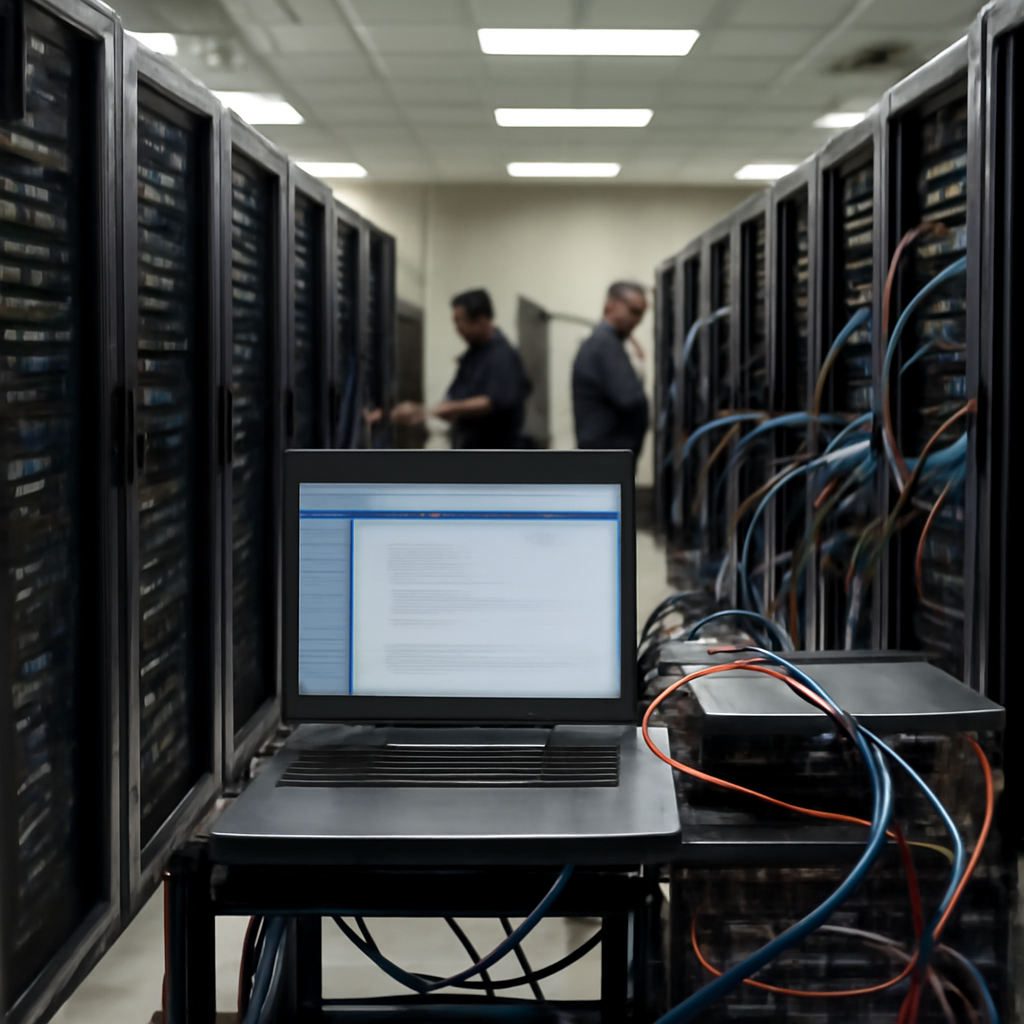 Server room interior with technicians in background and workstation in foreground.