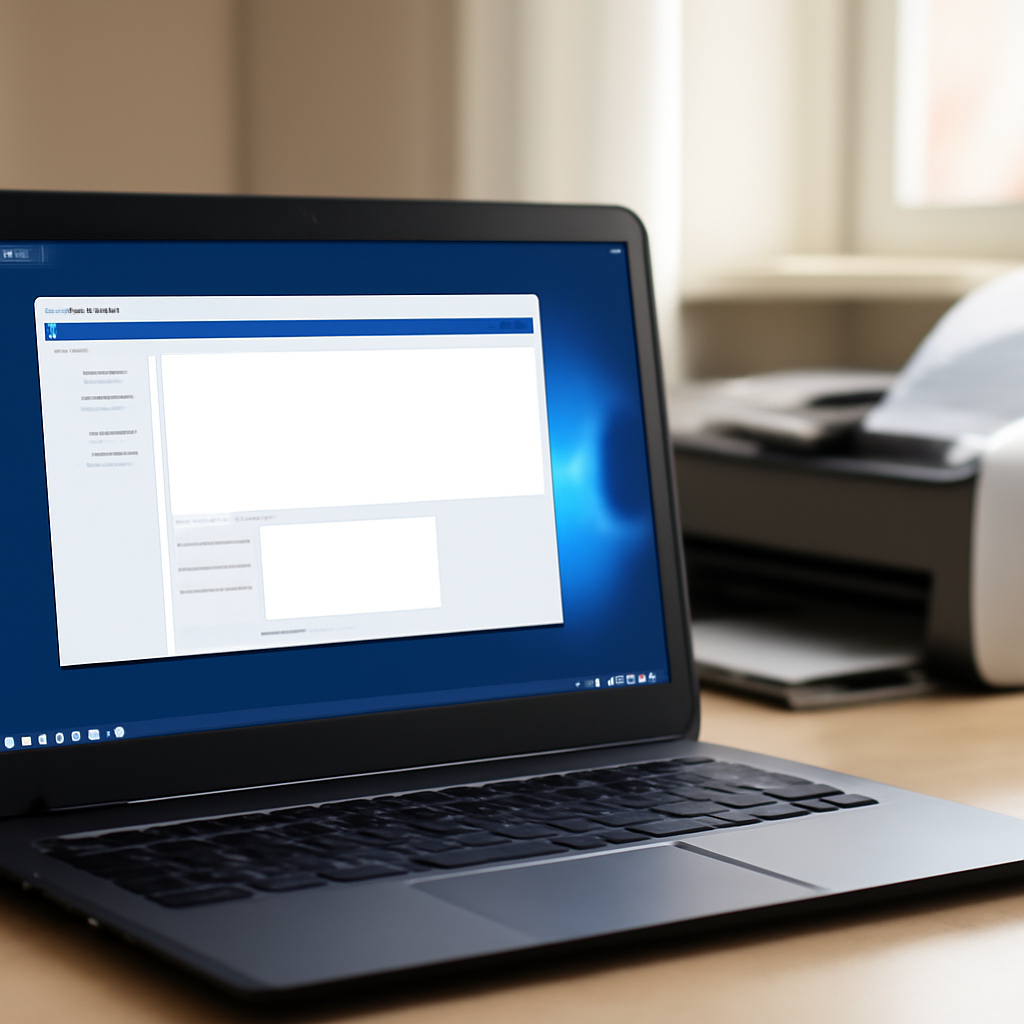 Windows desktop application on laptop with PDF document and printer nearby in office setting.