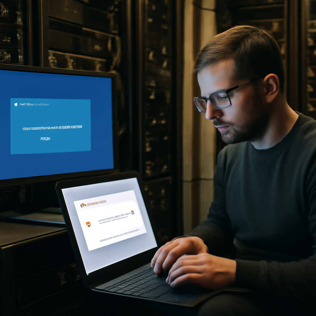 Server admin troubleshoots Remote Desktop Services error on laptop amidst server equipment.