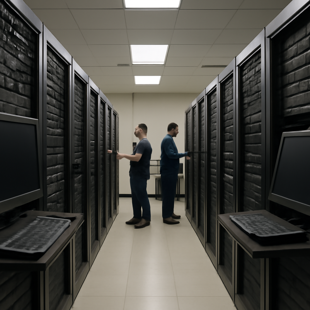 Rows of computer servers and technicians in a calm, neutral server room with monitors and keyboards.