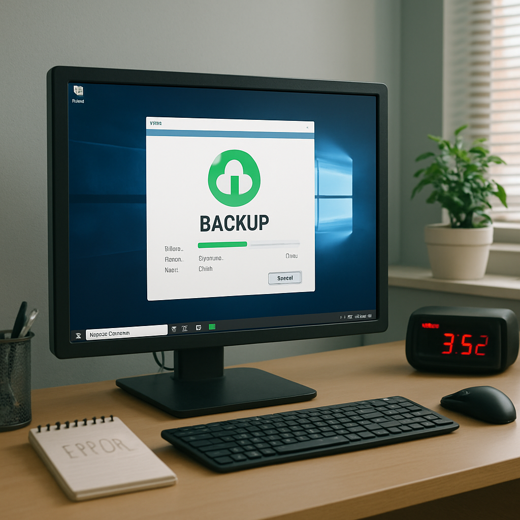 Windows desktop with backup app open, surrounded by office furniture, and subtle hints of error in the background.