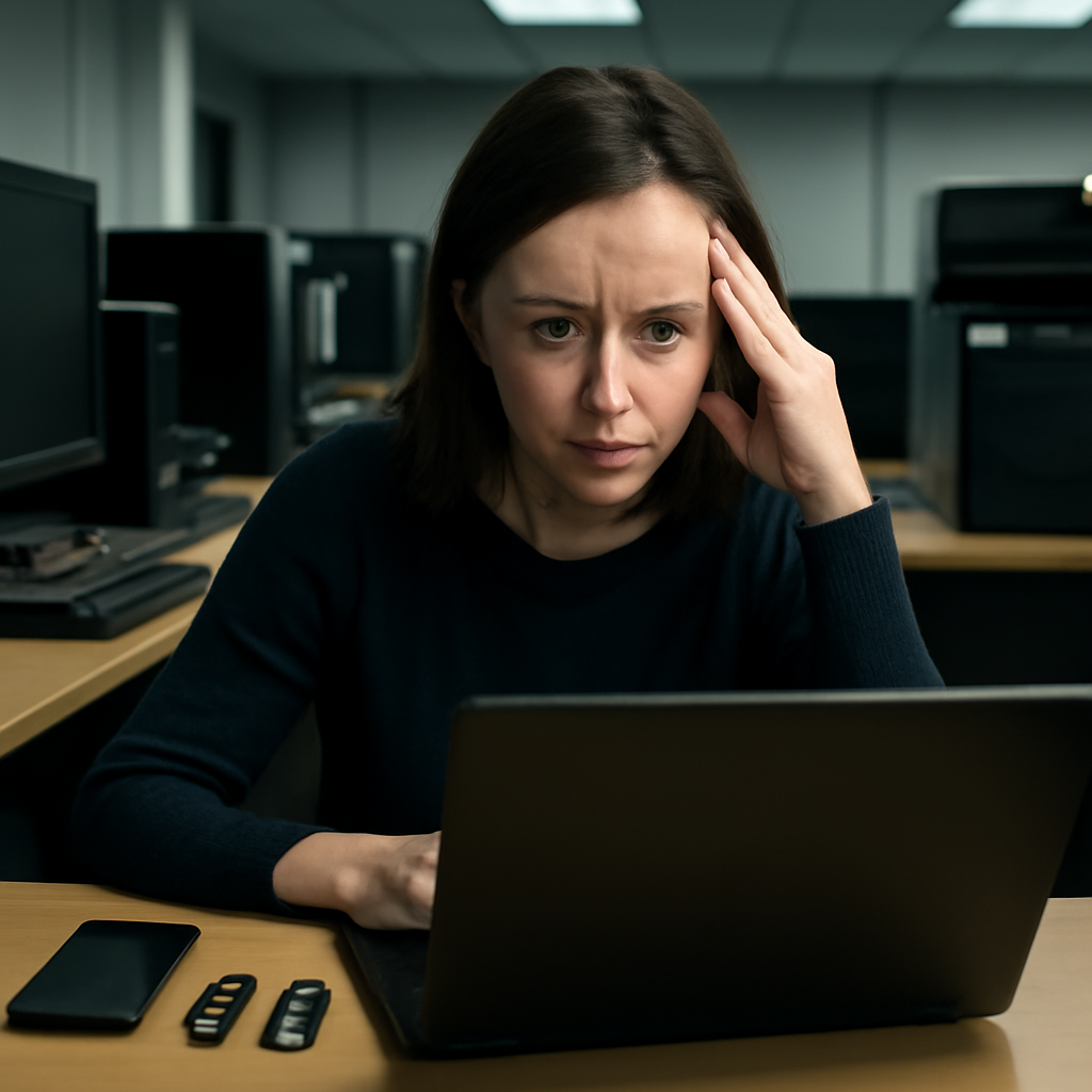 Administrator looks concerned while reviewing laptop screen amidst authentication devices.