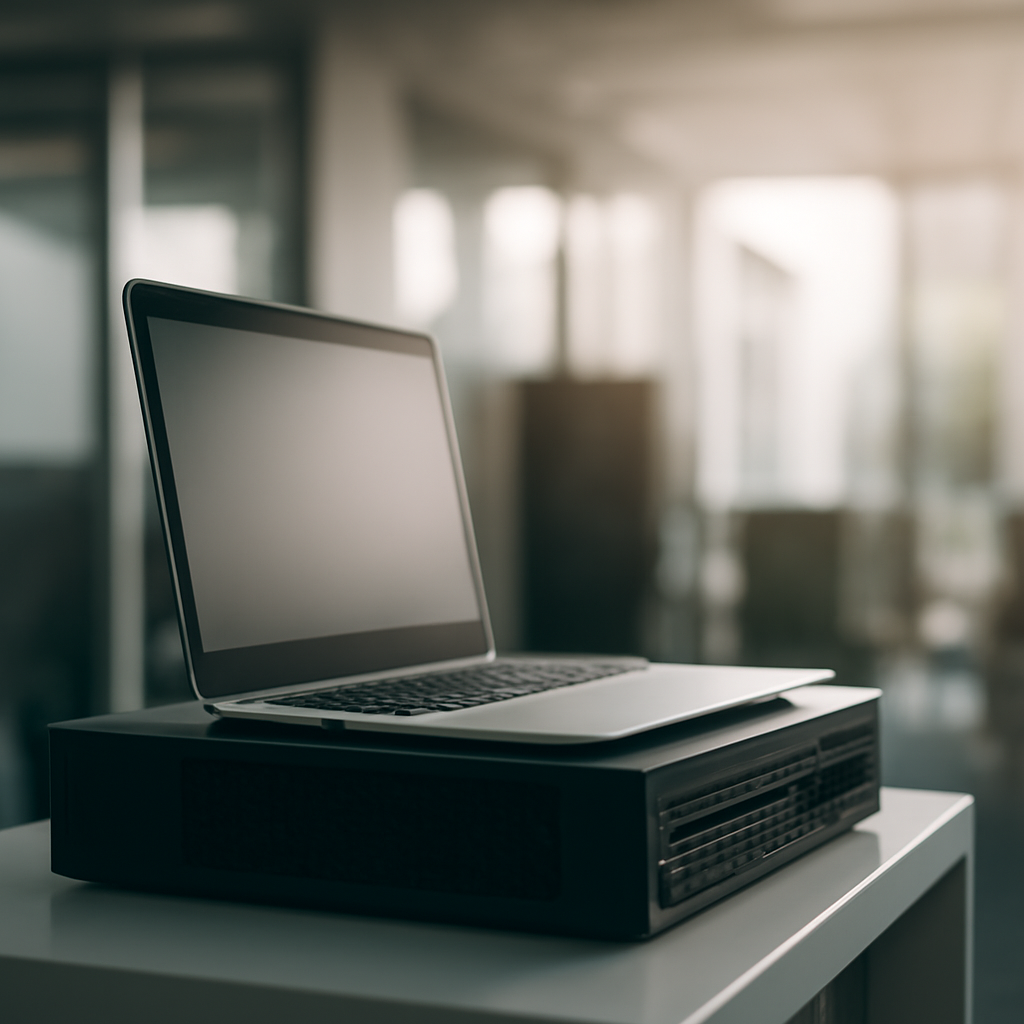 Laptop on a table with blurred background, symbolizing vulnerability.